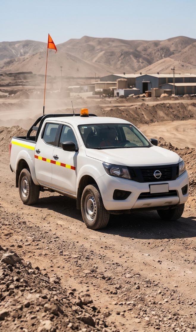 Camioneta Nissan 4x4 blanca con baliza y pértiga en un camino de faena minera